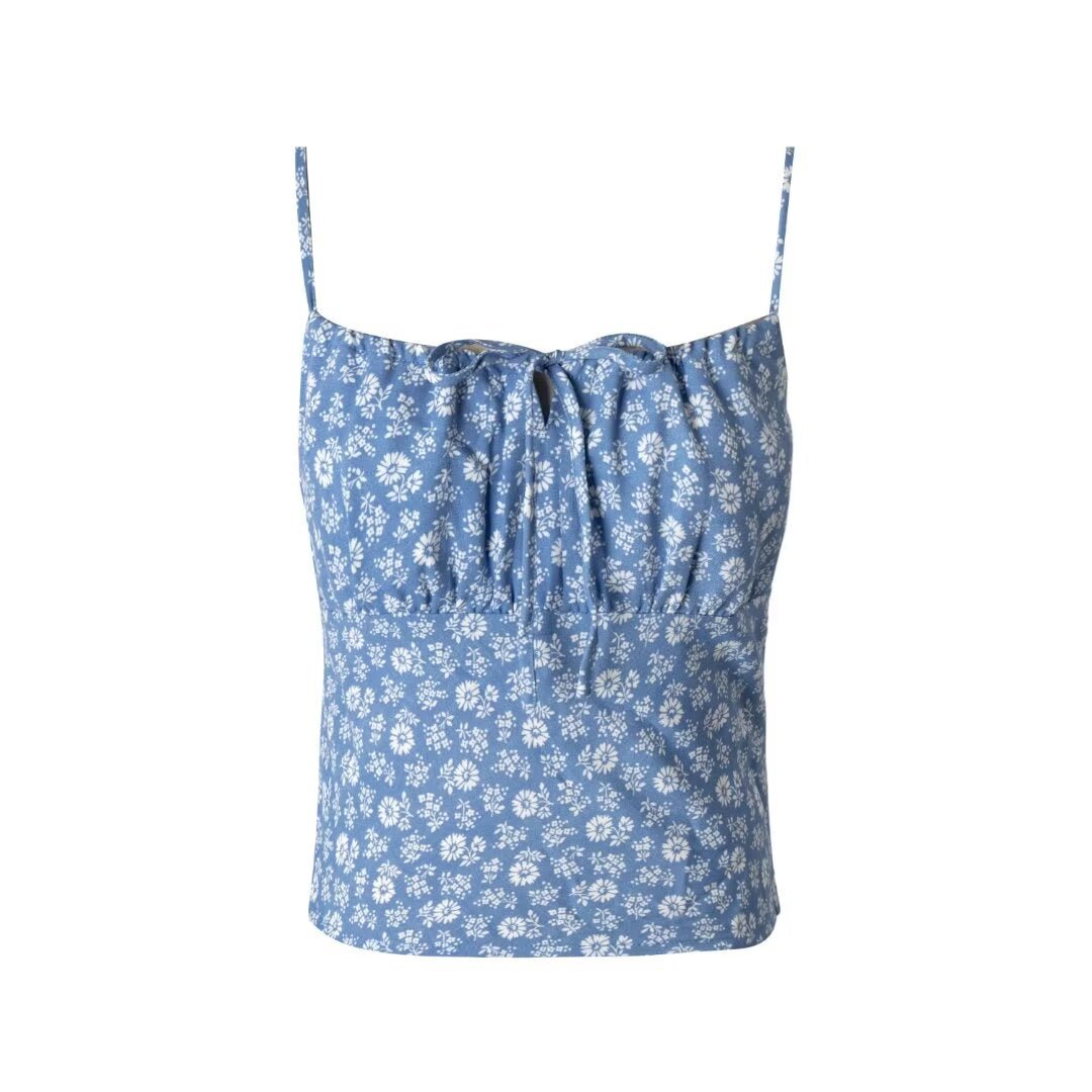 Blue Floral Chest Pleated Short Top