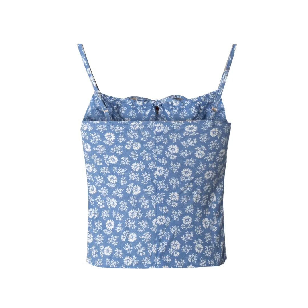 Blue Floral Chest Pleated Short Top