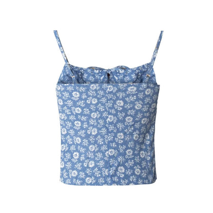 Blue Floral Chest Pleated Short Top