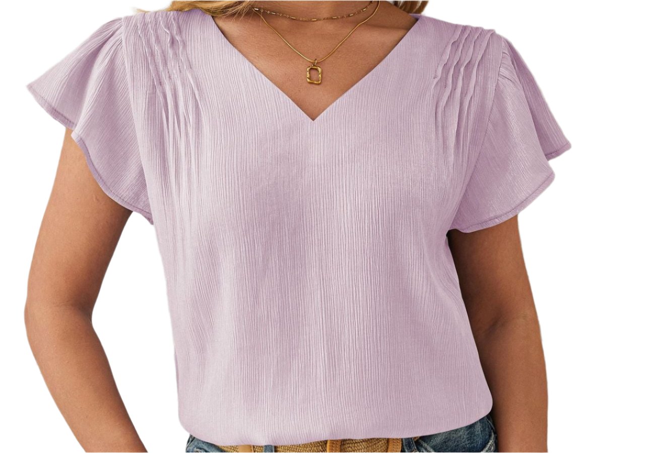 V-neck Fabric Petal Sleeve Loose Top