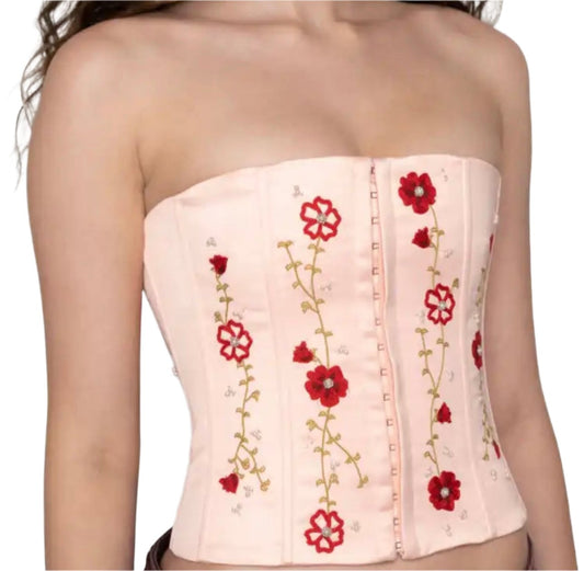 French Pink Embroidery Beaded Tube Top