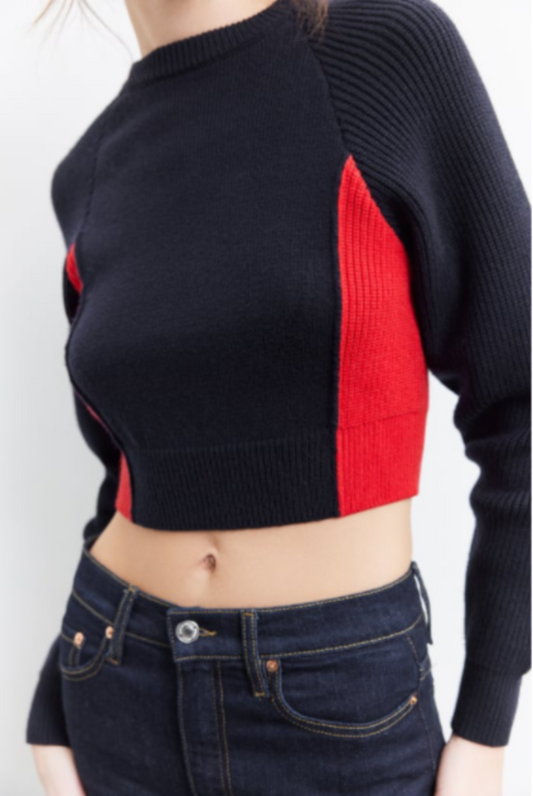 Cropped Two Tone Long Sleeve Pullover Knitted Sweater