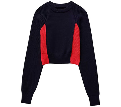 Cropped Two Tone Long Sleeve Pullover Knitted Sweater