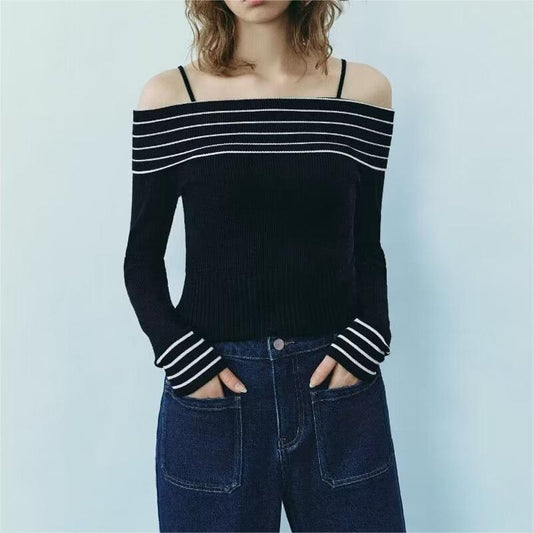 French Navy Off Neck Slim Sweater