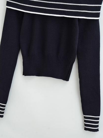 French Navy Off Neck Slim Sweater