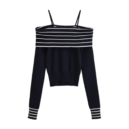 French Navy Off Neck Slim Sweater