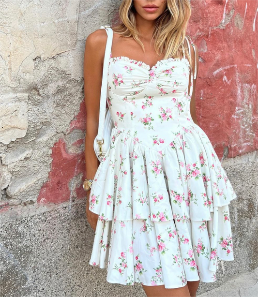 White Floral Tie Strap Flattering Dress