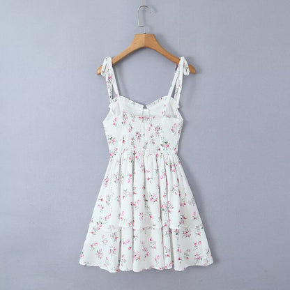 White Floral Tie Strap Flattering Dress