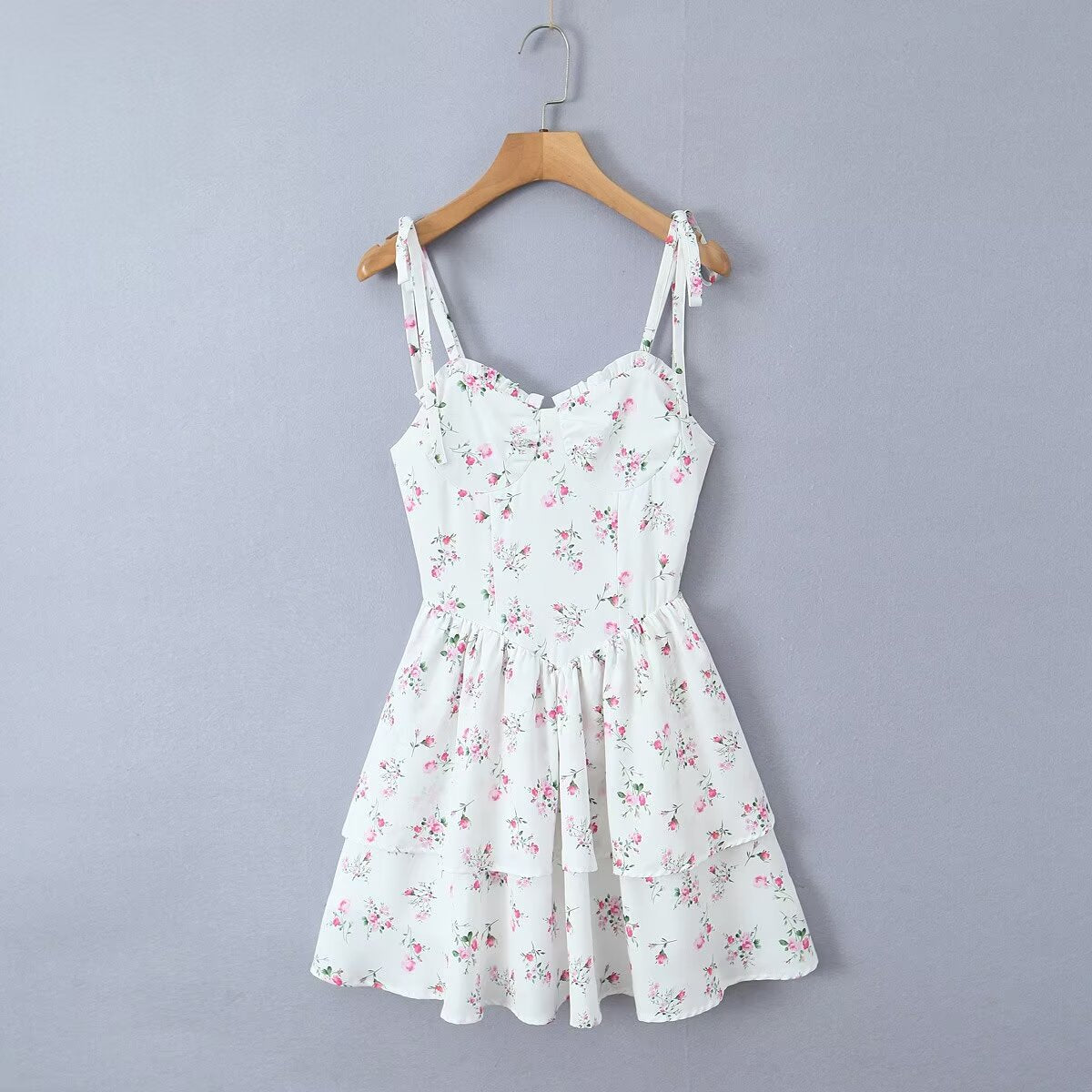 White Floral Tie Strap Flattering Dress