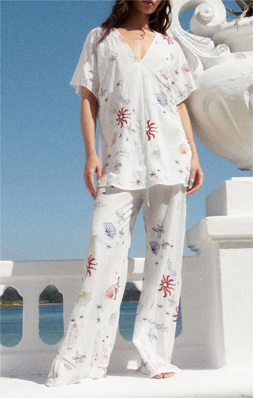 Embroidered Blouse Pants Suit Loungewear