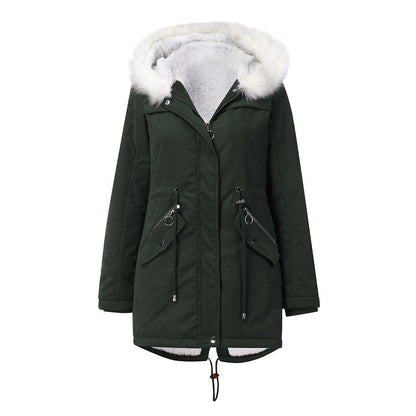 Cotton Padded White Fur Collar Parka Mid Length Hooded Coat