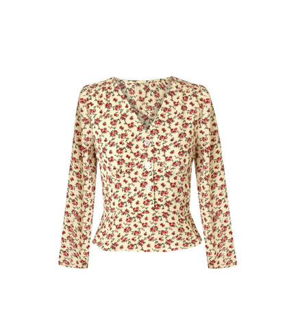 French Sweet Floral V-Neck Single Breasted Long Sleeved Shirt