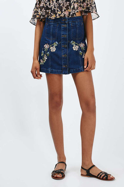 Retro Pastoral Embroidered Denim Skirt