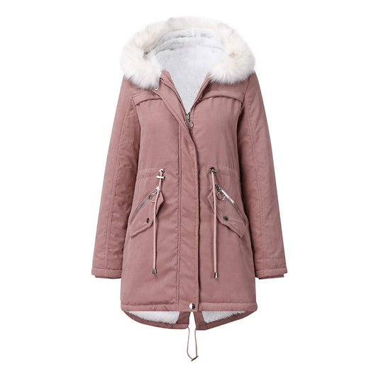 Cotton Padded White Fur Collar Parka Mid Length Hooded Coat