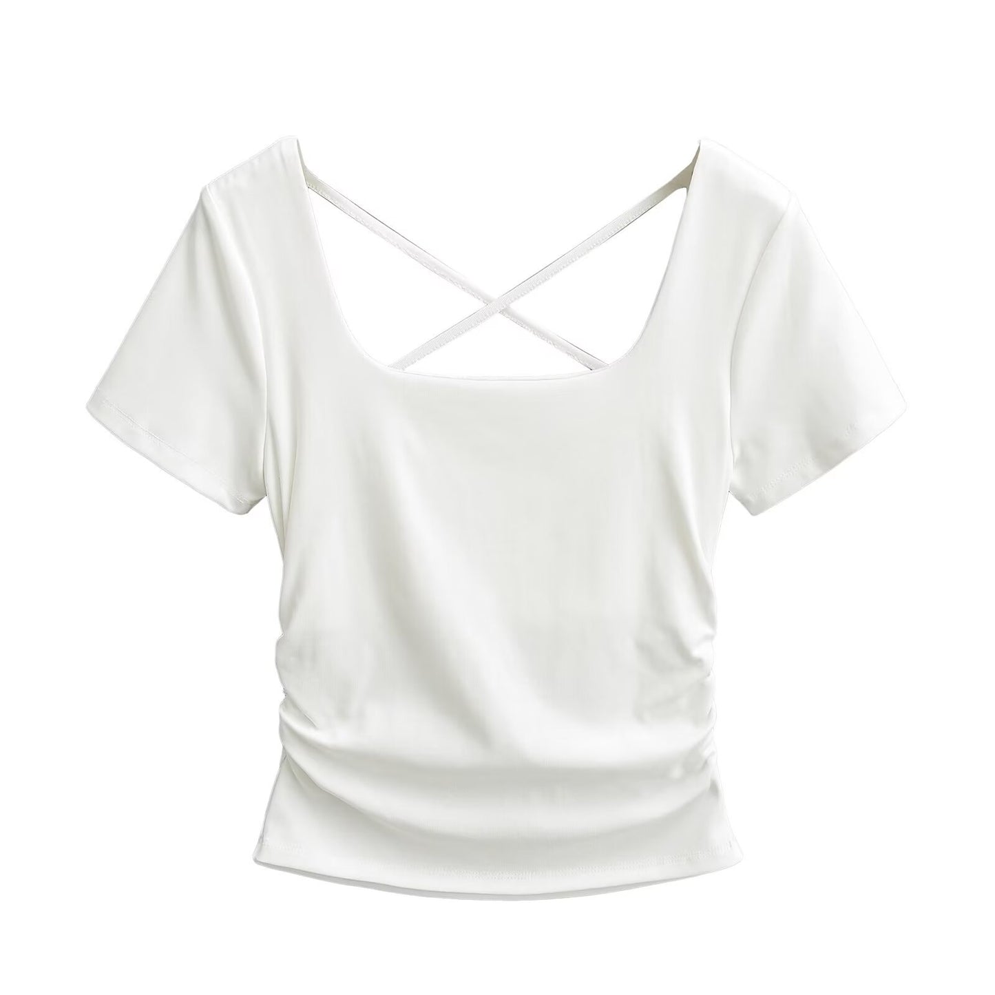 Basic Back Cross Slim Fit Pleated Short T-Shirt