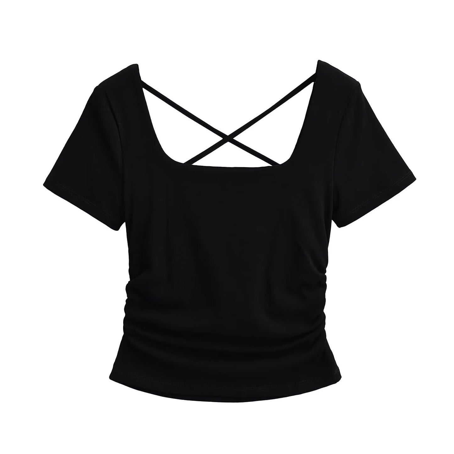 Basic Back Cross Slim Fit Pleated Short T-Shirt