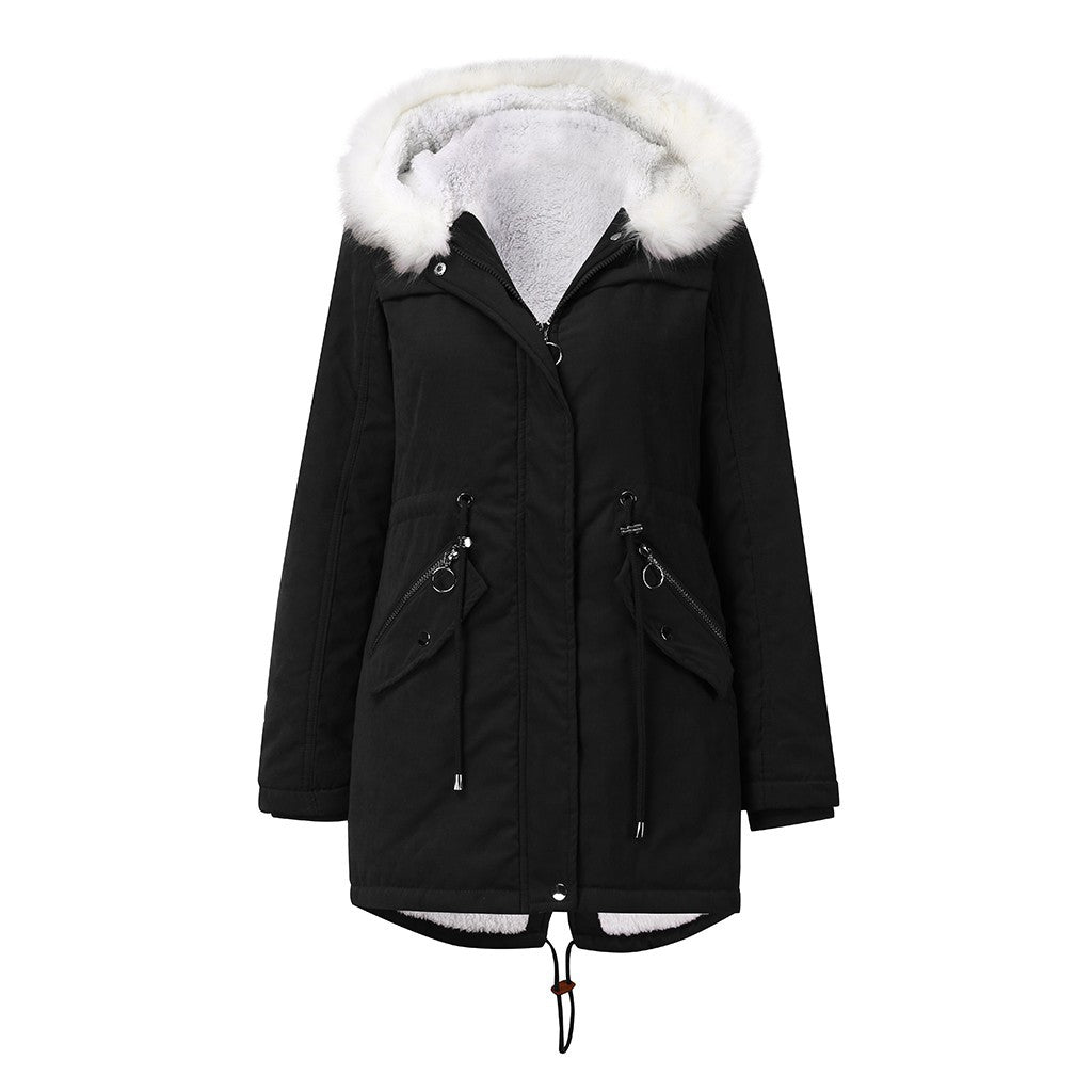 Cotton Padded White Fur Collar Parka Mid Length Hooded Coat