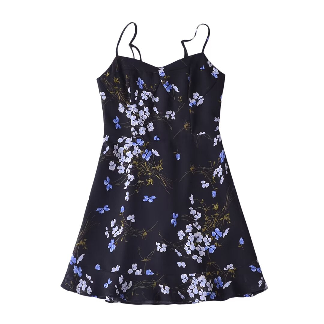 Floral Print Slim Sexy Ruffled Spaghetti Straps Dress