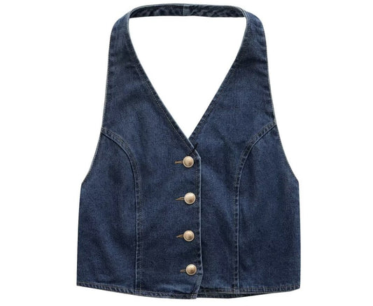 French Halter Slim Short Denim Vest Top