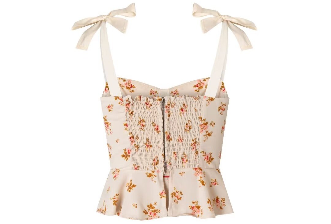 French Sexy Beige Floral White Strap Zipper Slim Fit Top