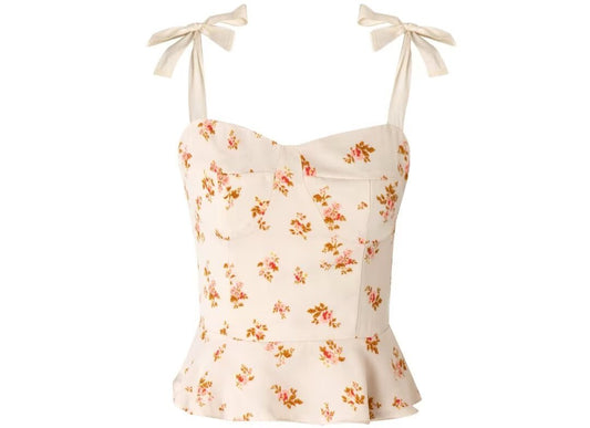 French Sexy Beige Floral White Strap Zipper Slim Fit Top