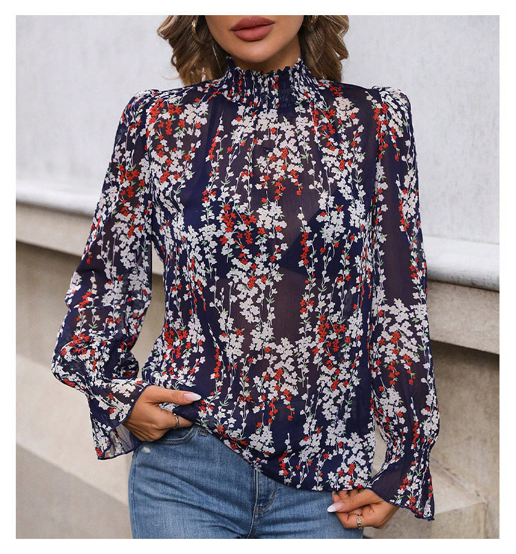 French Casual Floral Print Long Sleeve Shirt