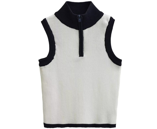 Sexy Slim Fit Contrast Colors Half Zipper Short Knitted Vest Top