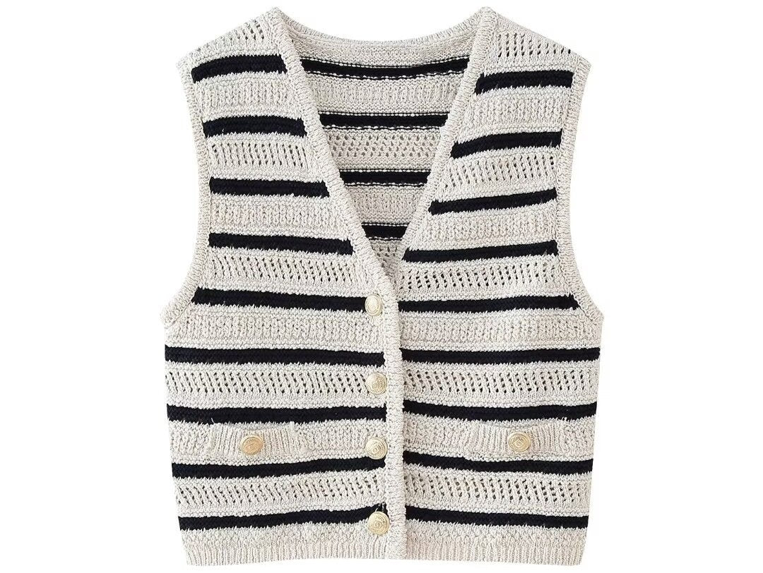 Striped V-neck Knitted Vest Top