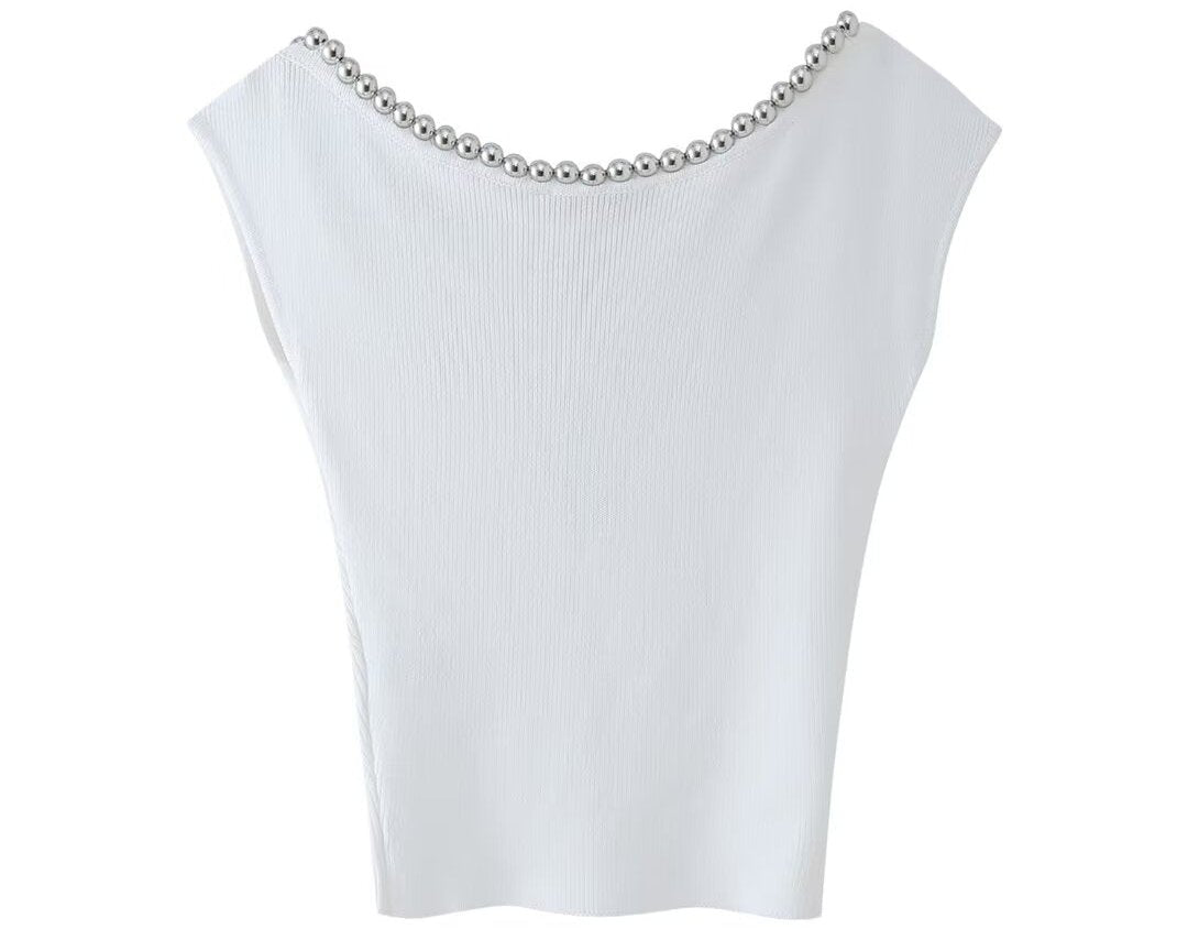 Luxury Design Beaded Neckline Sleeveless Top