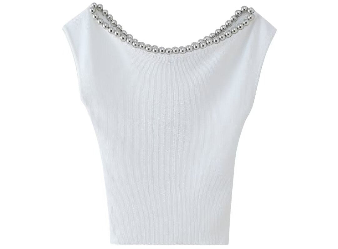 Luxury Design Beaded Neckline Sleeveless Top