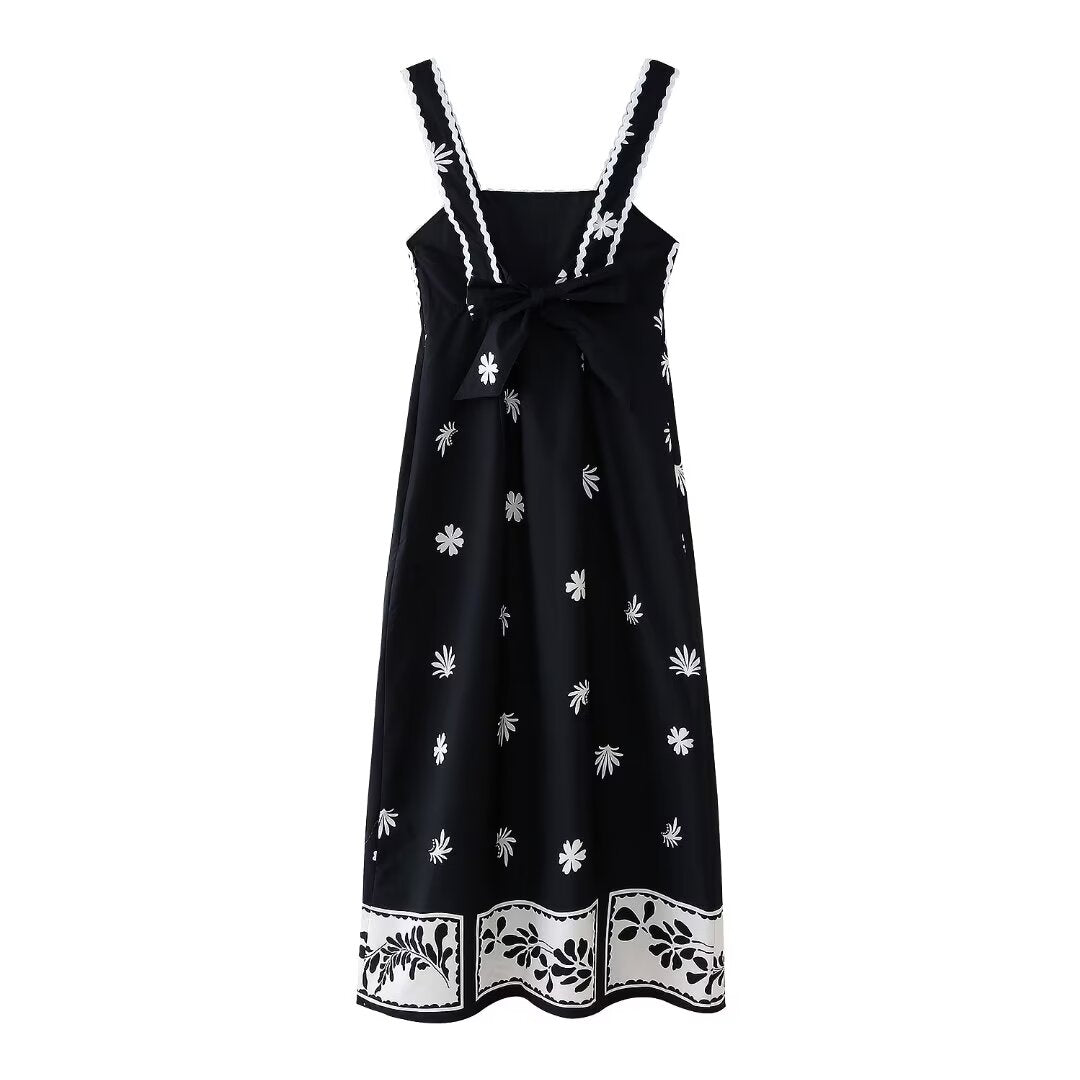 High Waist Print Mid-Length Strap Dress