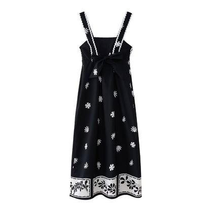 High Waist Print Mid-Length Strap Dress