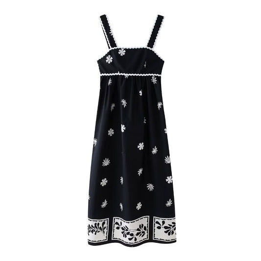 High Waist Print Mid-Length Strap Dress