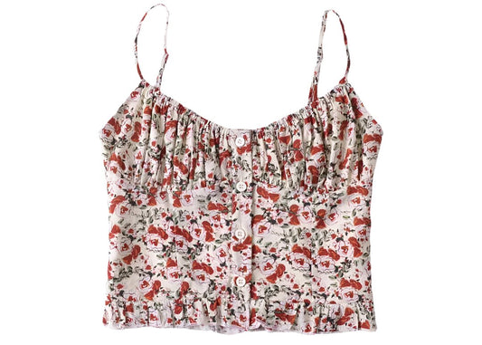 French Vintage Floral Printed Ruffled Button Pleated Cropped Top