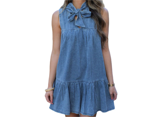 Denim Washed Classic Bow Tie Loose Dress