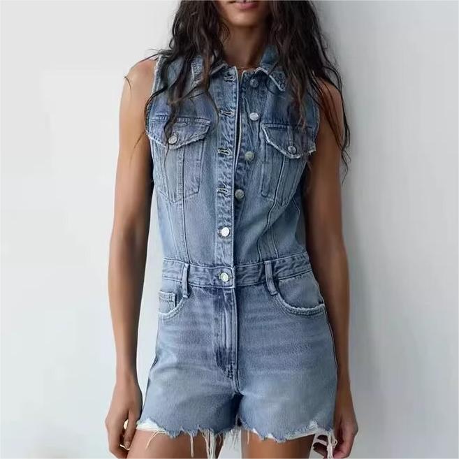 French Collared Sleeveless Denim Romper