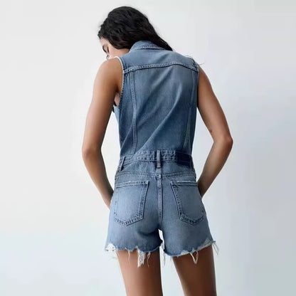 French Collared Sleeveless Denim Romper