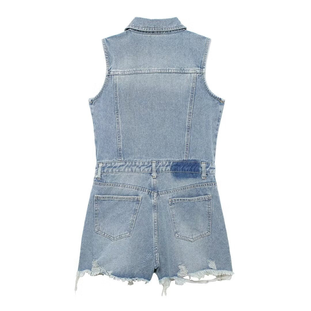 French Collared Sleeveless Denim Romper