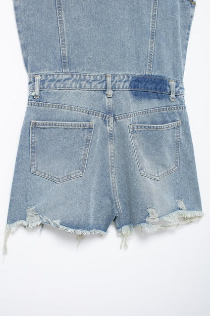 French Collared Sleeveless Denim Romper