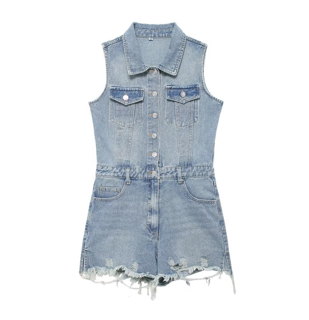 French Collared Sleeveless Denim Romper