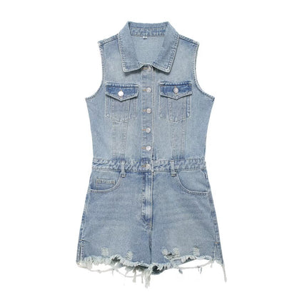 French Collared Sleeveless Denim Romper