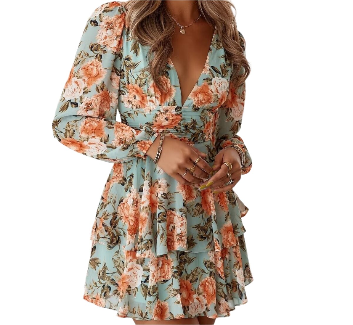 Printed Bow Decoration Long Sleeve Dress