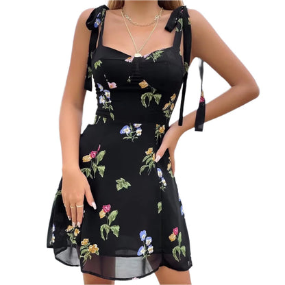 Elegant Slightly Mature Wide Shoulder Strap Printing Dress