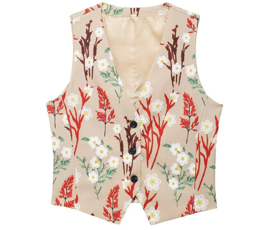 Printed V-Neck Vest Straight Leg Pants Suit