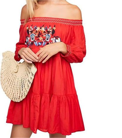 Bohemian Flower Embroidered Off-Shoulder Dress