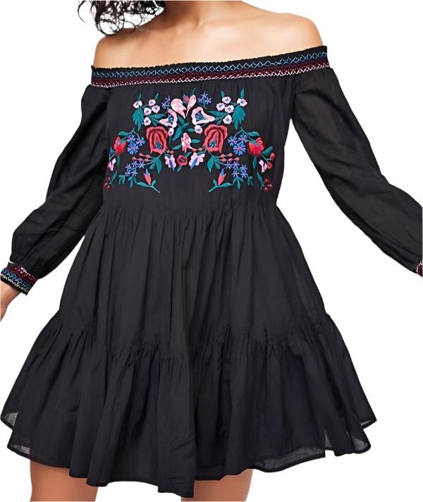 Bohemian Flower Embroidered Off-Shoulder Dress