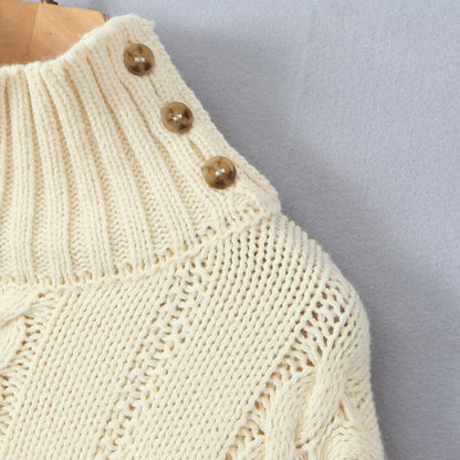 High Neck Long Sleeve Loose Cable Knit Sweater