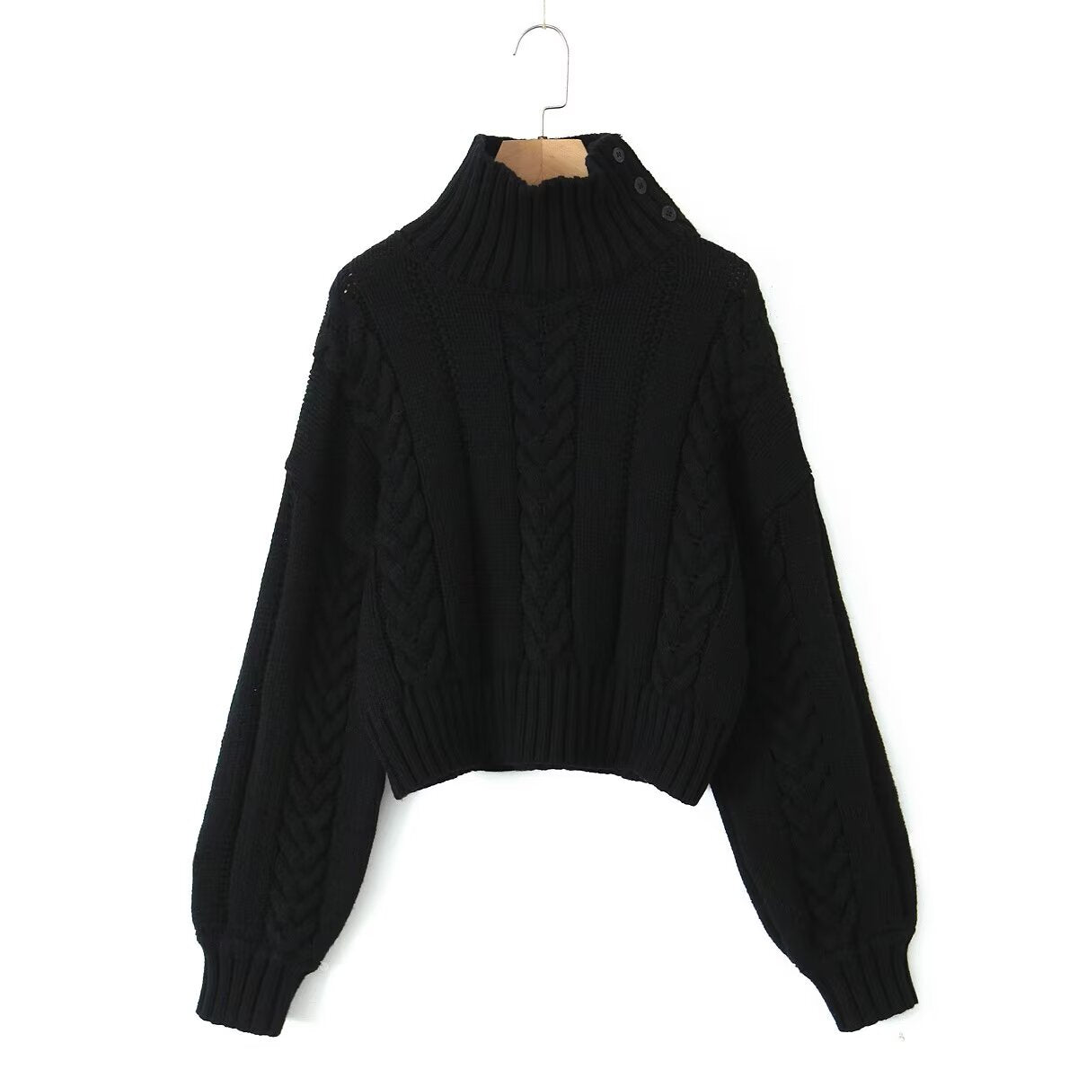 High Neck Long Sleeve Loose Cable Knit Sweater