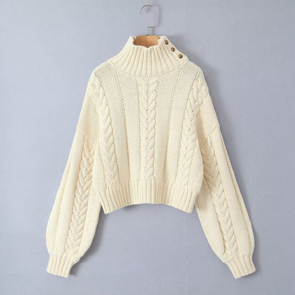 High Neck Long Sleeve Loose Cable Knit Sweater