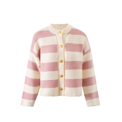 Round Neck Gold Button Bold Stripes Long Sleeve Knitted Cardigan